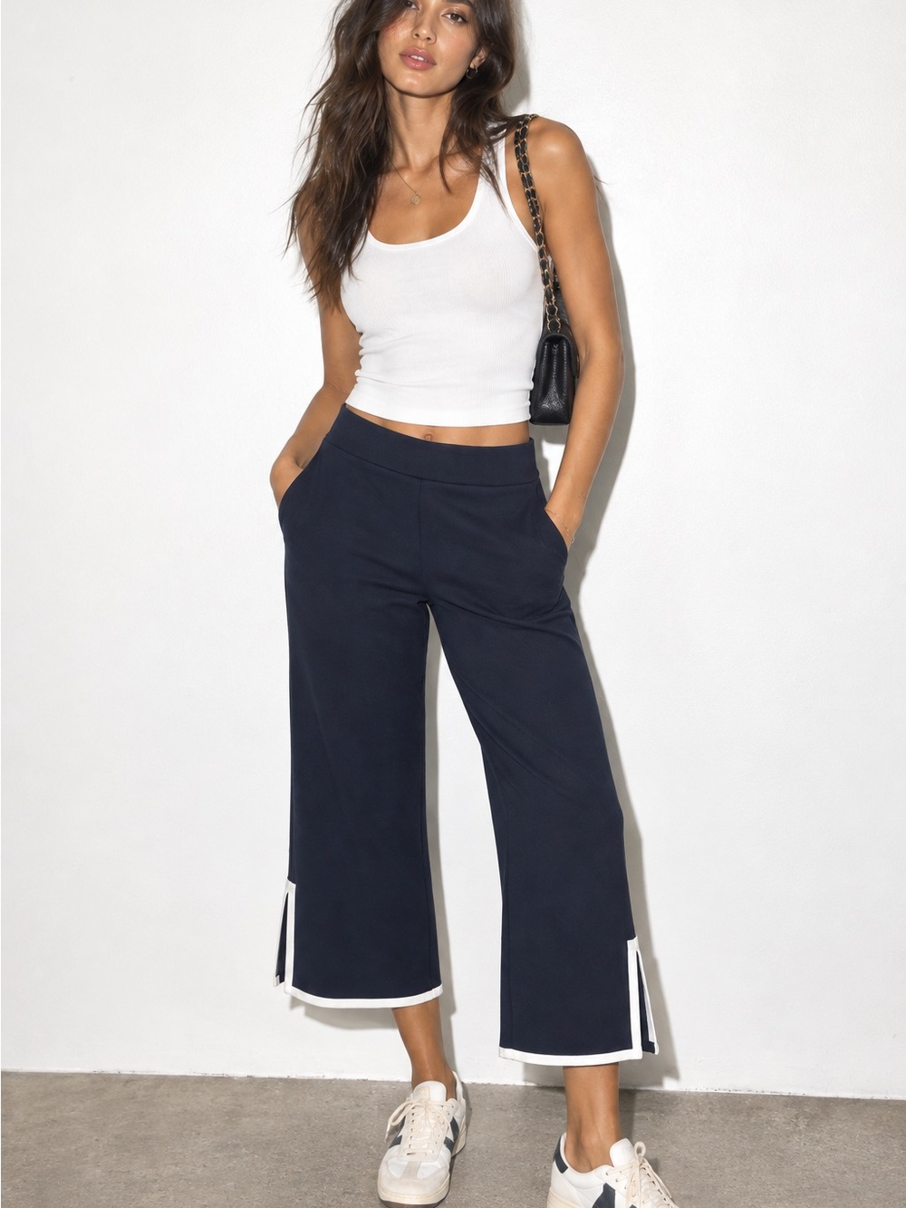 Joie Navy Cropped Wide Leg Pants White Trim Size M
